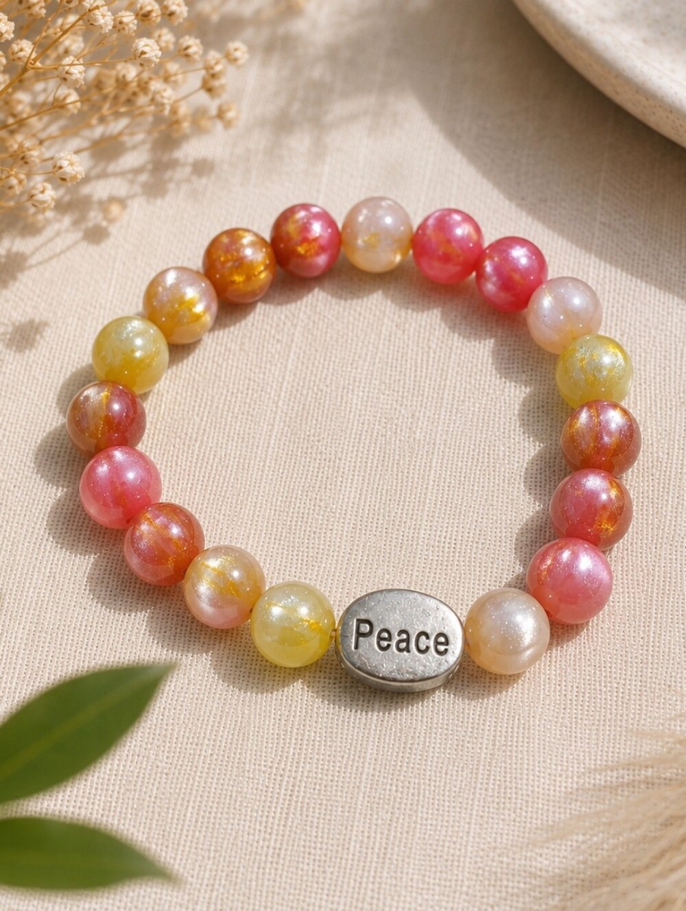 Peace Bracelet | Handmade Sunset Beaded Stretch Bracelet | Red Pink Yellow Inspi